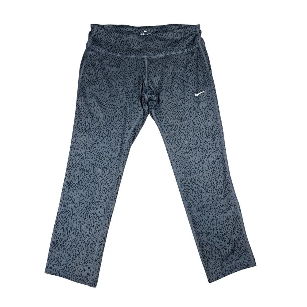 Nike Women's Power Epic Run Crop Printed Leggings Size M Grey Black Media Pocket